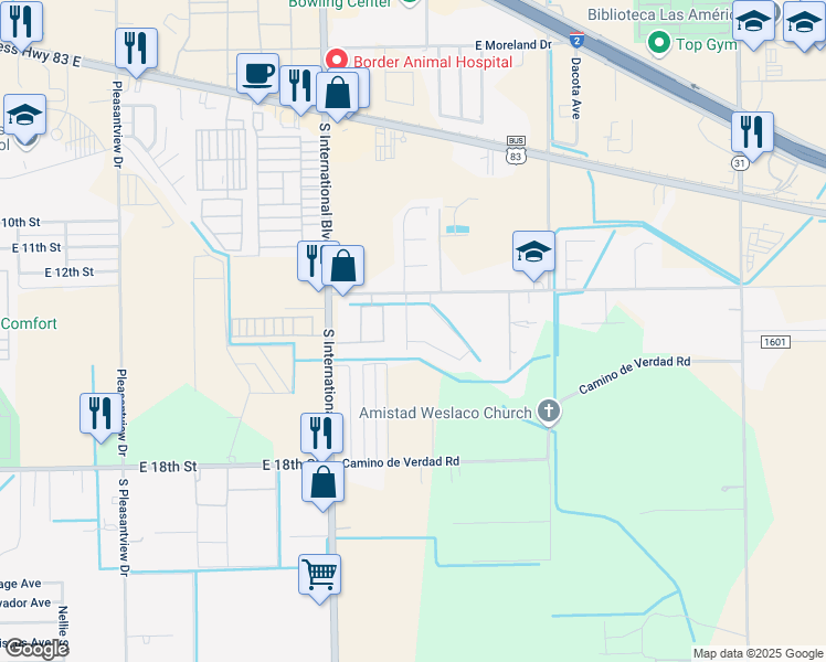 map of restaurants, bars, coffee shops, grocery stores, and more near 3615 Camino Real Viejo in Weslaco