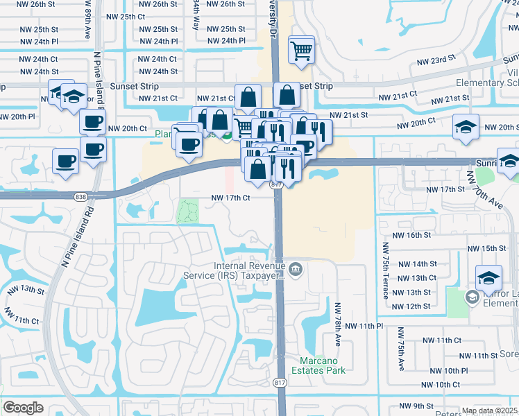 map of restaurants, bars, coffee shops, grocery stores, and more near 7938-8072 Northwest 17th Court in Plantation