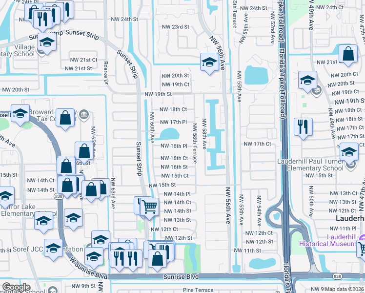 map of restaurants, bars, coffee shops, grocery stores, and more near 5941 Northwest 16th Place in Sunrise