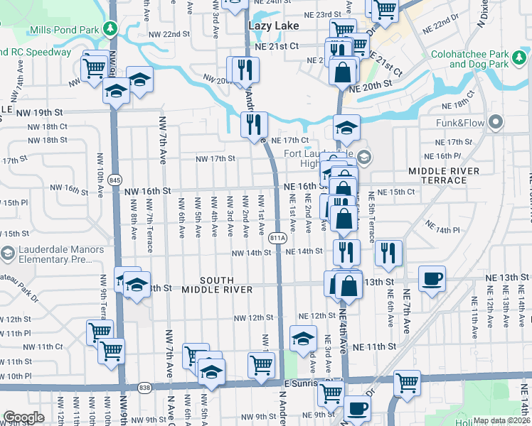 map of restaurants, bars, coffee shops, grocery stores, and more near 1521 North Andrews Avenue in Fort Lauderdale
