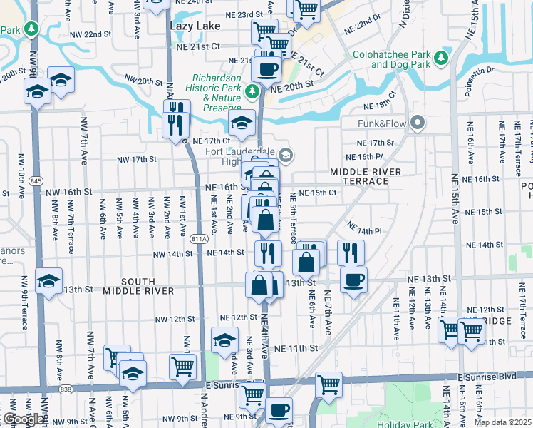 map of restaurants, bars, coffee shops, grocery stores, and more near 1514 Northeast 4th Avenue in Fort Lauderdale