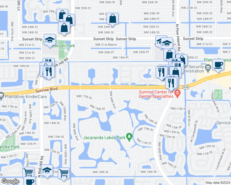 map of restaurants, bars, coffee shops, grocery stores, and more near 1874 Northwest 93rd Terrace in Plantation