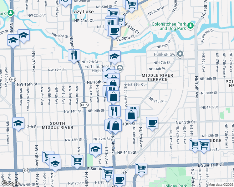 map of restaurants, bars, coffee shops, grocery stores, and more near 1514 Northeast 4th Avenue in Fort Lauderdale