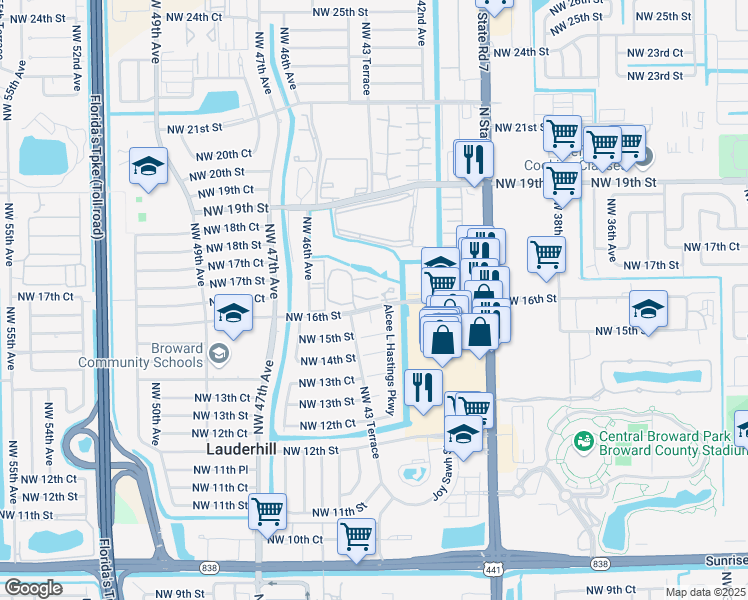map of restaurants, bars, coffee shops, grocery stores, and more near 4331 Northwest 16th Street in Lauderhill
