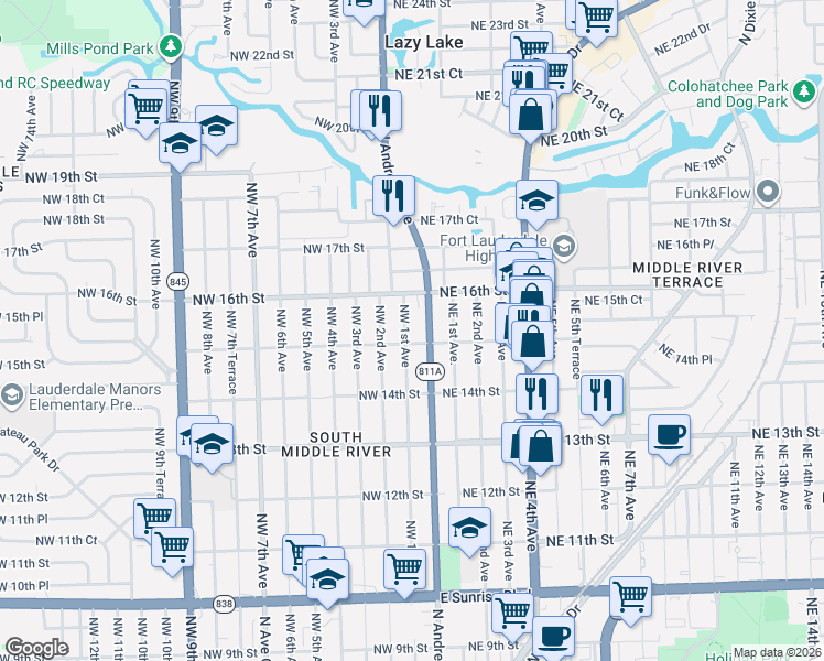 map of restaurants, bars, coffee shops, grocery stores, and more near 1521 North Andrews Avenue in Fort Lauderdale
