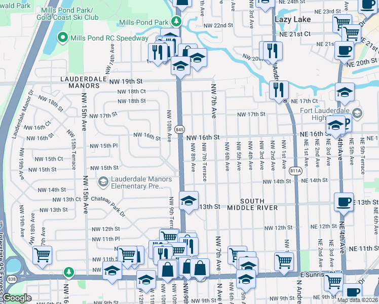 map of restaurants, bars, coffee shops, grocery stores, and more near 1528 Northwest 9th Avenue in Fort Lauderdale