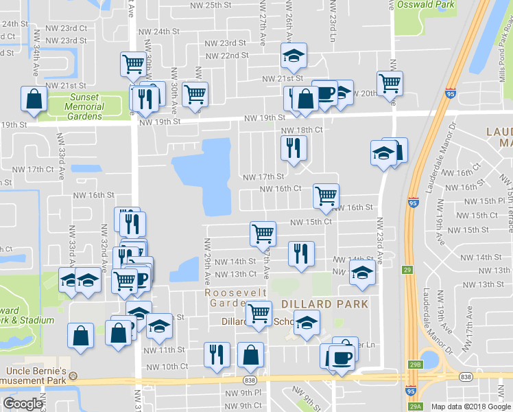 map of restaurants, bars, coffee shops, grocery stores, and more near 1640 Northwest 27th Terrace in Fort Lauderdale