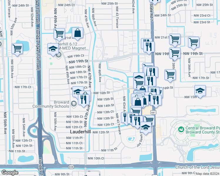 map of restaurants, bars, coffee shops, grocery stores, and more near 4431 Northwest 16th Street in Lauderhill