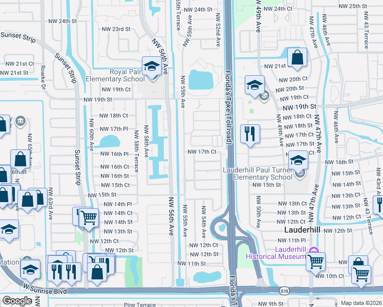 map of restaurants, bars, coffee shops, grocery stores, and more near 1740 Northwest 55th Avenue in Lauderhill