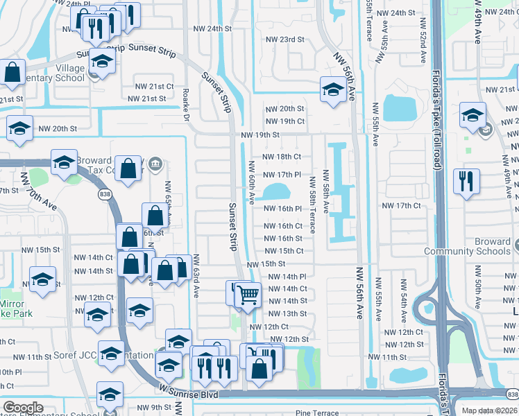 map of restaurants, bars, coffee shops, grocery stores, and more near 5971 Northwest 16th Place in Sunrise