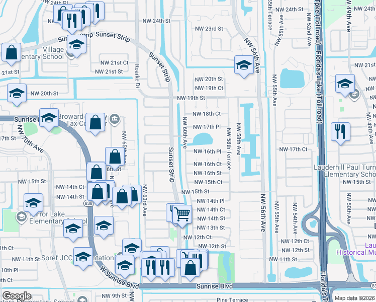 map of restaurants, bars, coffee shops, grocery stores, and more near 5971 Northwest 16th Place in Sunrise
