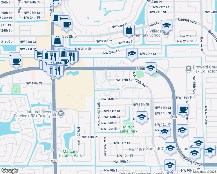 map of restaurants, bars, coffee shops, grocery stores, and more near 7300 Northwest 17th Street in Plantation
