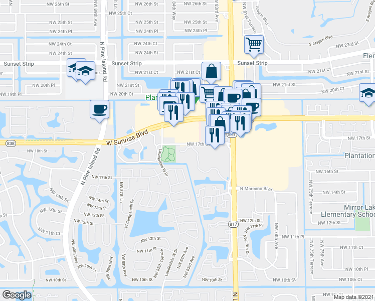 map of restaurants, bars, coffee shops, grocery stores, and more near 1740 Northwest 81st Way in Plantation