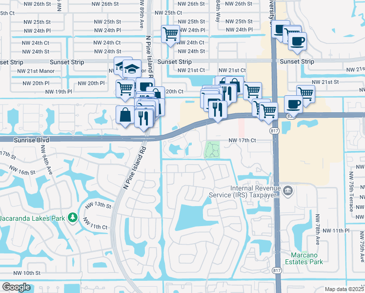 map of restaurants, bars, coffee shops, grocery stores, and more near 8592 Jacaranda Heights in Plantation