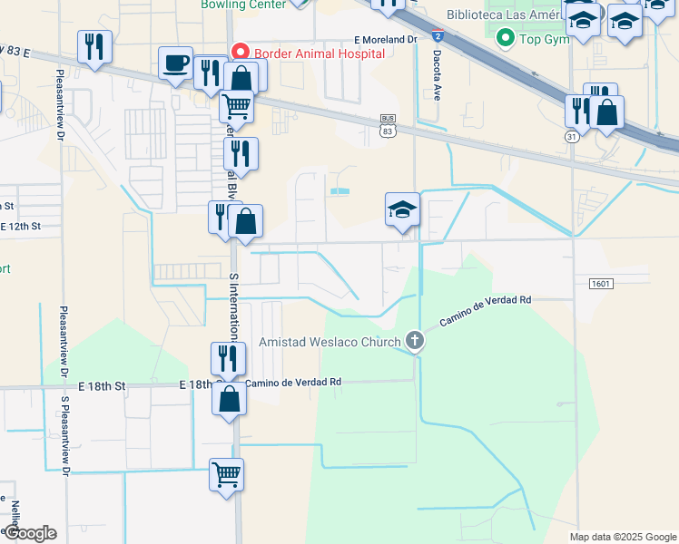 map of restaurants, bars, coffee shops, grocery stores, and more near 3820 Camino Real Viejo Road in Weslaco