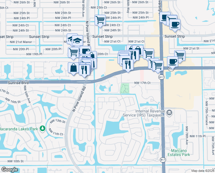 map of restaurants, bars, coffee shops, grocery stores, and more near 8592 West Sunrise Boulevard in Plantation