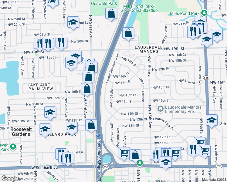 map of restaurants, bars, coffee shops, grocery stores, and more near 1540 Northwest 19th Avenue in Fort Lauderdale