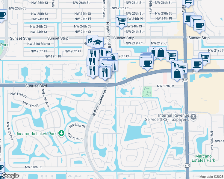 map of restaurants, bars, coffee shops, grocery stores, and more near 1907 North Pine Island Road in Plantation