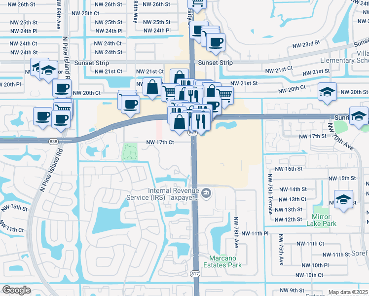 map of restaurants, bars, coffee shops, grocery stores, and more near 7938-8072 Northwest 17th Court in Plantation