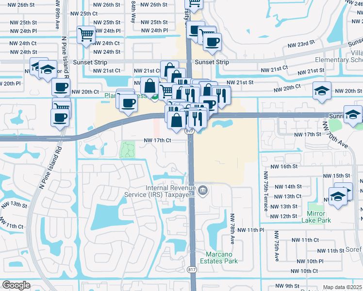 map of restaurants, bars, coffee shops, grocery stores, and more near 7938-8072 Northwest 17th Court in Plantation