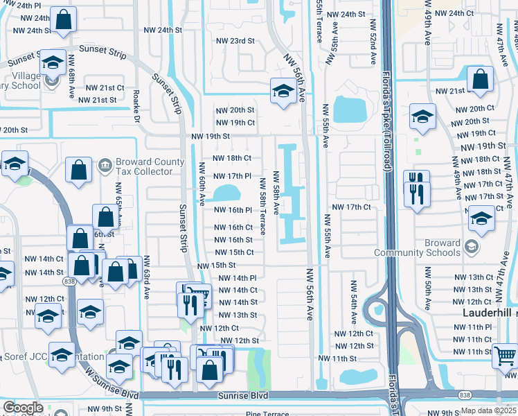 map of restaurants, bars, coffee shops, grocery stores, and more near 5861 Northwest 16th Place in Sunrise
