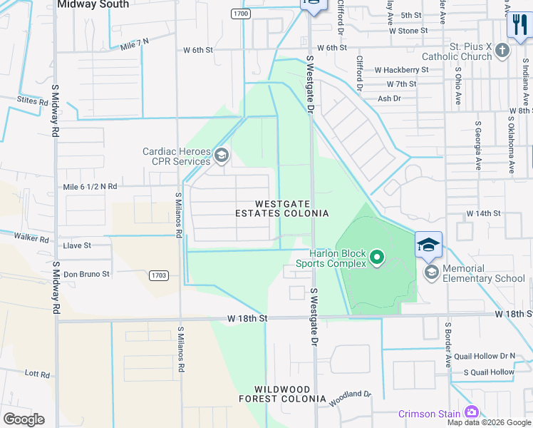 map of restaurants, bars, coffee shops, grocery stores, and more near 1909 West Mimosa Drive in Weslaco