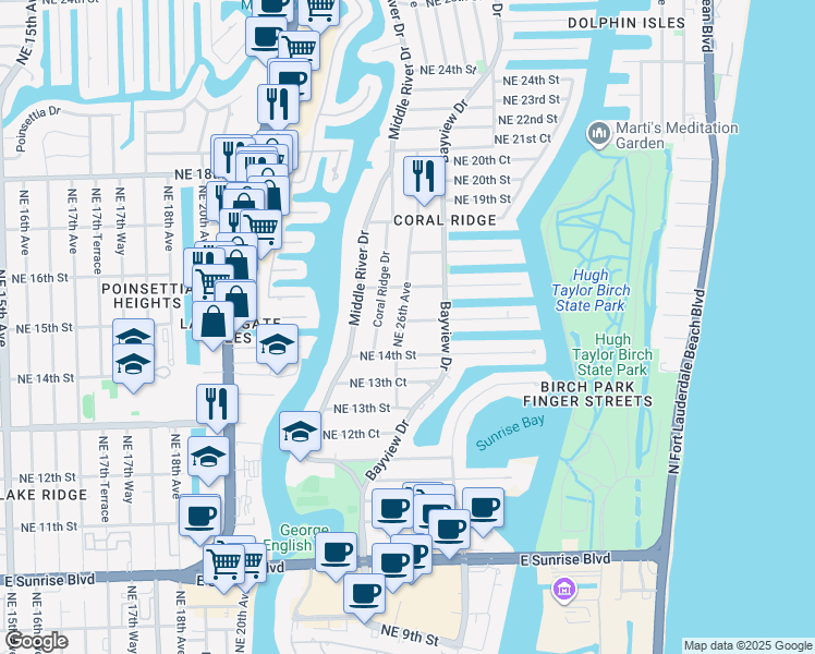 map of restaurants, bars, coffee shops, grocery stores, and more near 1501 Northeast 26th Avenue in Fort Lauderdale