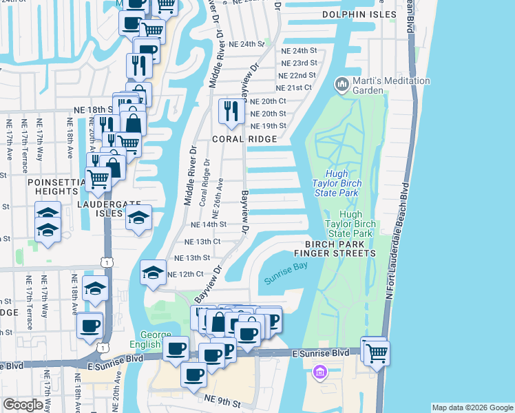 map of restaurants, bars, coffee shops, grocery stores, and more near 2727 Northeast 15th Street in Fort Lauderdale