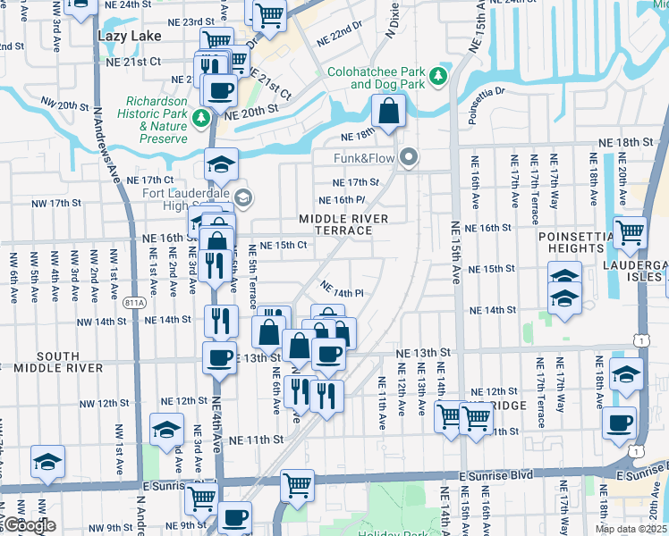 map of restaurants, bars, coffee shops, grocery stores, and more near 990 Northeast 15th Street in Fort Lauderdale