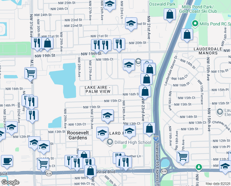 map of restaurants, bars, coffee shops, grocery stores, and more near 1631 Northwest 24th Terrace in Fort Lauderdale