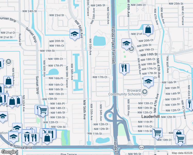 map of restaurants, bars, coffee shops, grocery stores, and more near 1740 Northwest 55th Avenue in Lauderhill