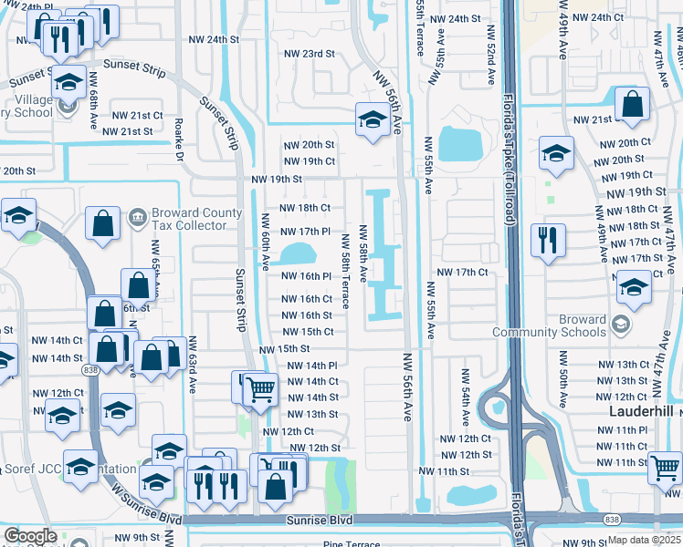 map of restaurants, bars, coffee shops, grocery stores, and more near 5861 Northwest 16th Place in Sunrise