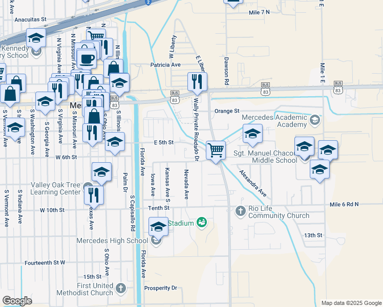 map of restaurants, bars, coffee shops, grocery stores, and more near 685 Chapman Street in Mercedes