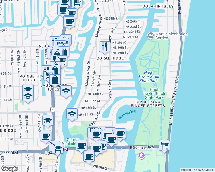 map of restaurants, bars, coffee shops, grocery stores, and more near 2630 Northeast 15th Street in Fort Lauderdale