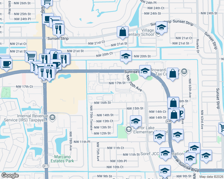 map of restaurants, bars, coffee shops, grocery stores, and more near 7200 Northwest 17th Street in Plantation