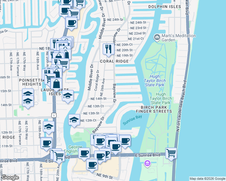 map of restaurants, bars, coffee shops, grocery stores, and more near 2630 Northeast 15th Street in Fort Lauderdale