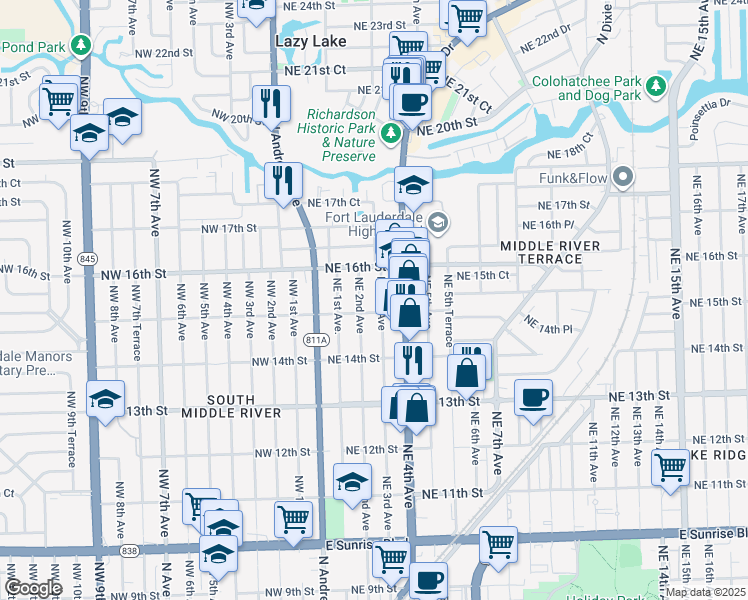 map of restaurants, bars, coffee shops, grocery stores, and more near 1517 Northeast 3rd Avenue in Fort Lauderdale