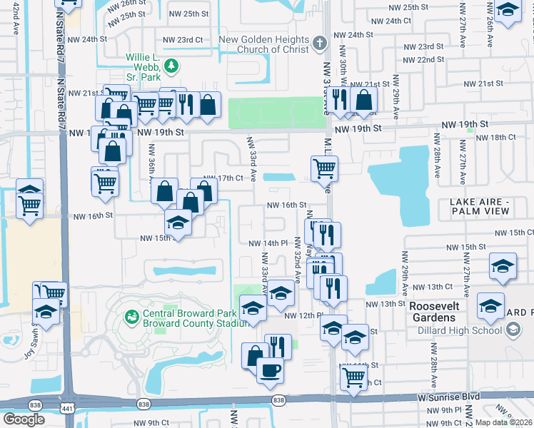 map of restaurants, bars, coffee shops, grocery stores, and more near 3250 Northwest 16th Street in Fort Lauderdale