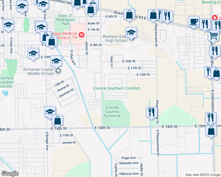 map of restaurants, bars, coffee shops, grocery stores, and more near 1501 South Airport Drive in Weslaco