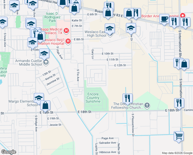 map of restaurants, bars, coffee shops, grocery stores, and more near 1501 South Airport Drive in Weslaco