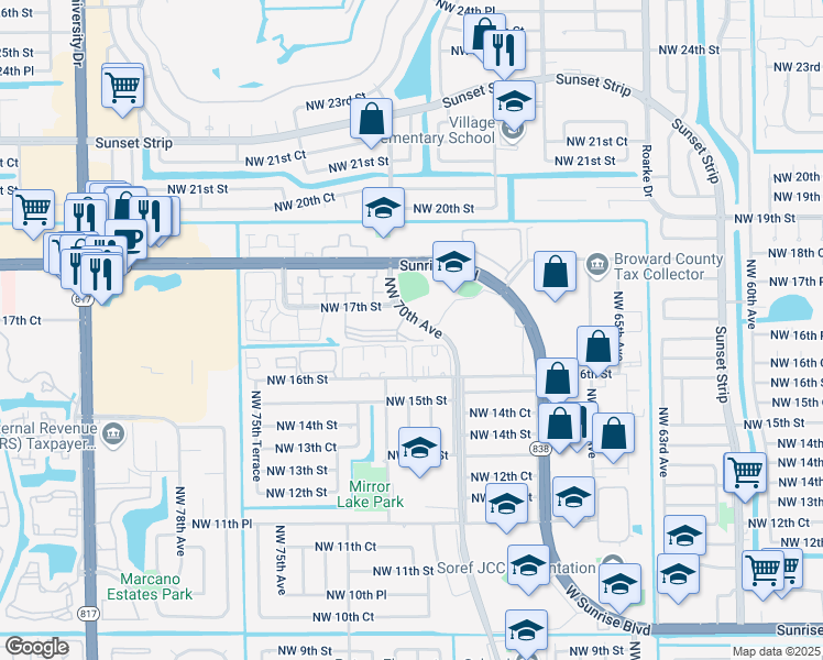 map of restaurants, bars, coffee shops, grocery stores, and more near 1681 Northwest 70th Avenue in Plantation