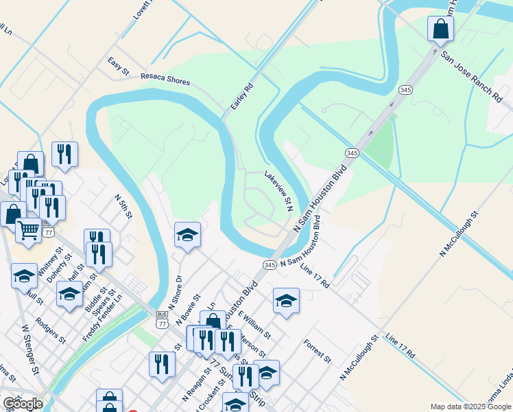 map of restaurants, bars, coffee shops, grocery stores, and more near 166 Resaca Shores Boulevard in San Benito