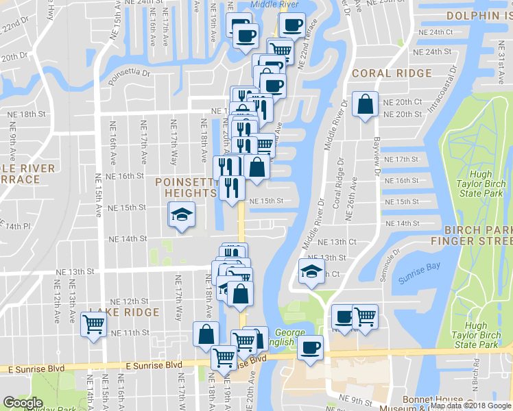 map of restaurants, bars, coffee shops, grocery stores, and more near 1484 North Federal Highway in Fort Lauderdale