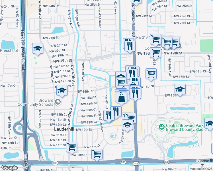 map of restaurants, bars, coffee shops, grocery stores, and more near 4299 Northwest 16th Street in Lauderhill