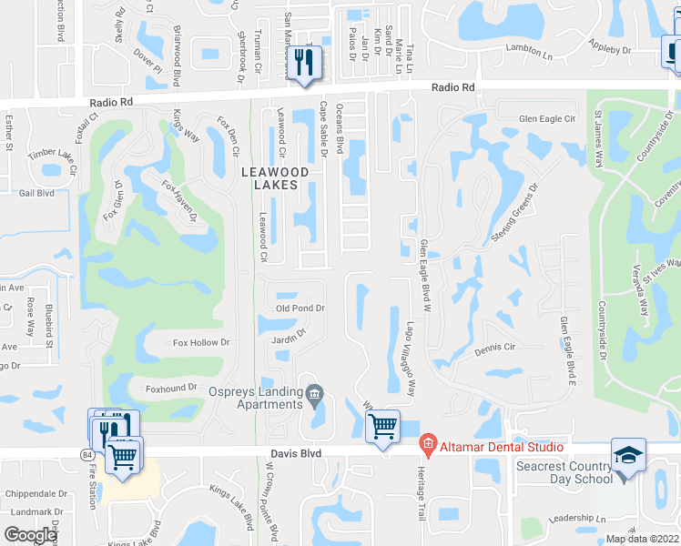map of restaurants, bars, coffee shops, grocery stores, and more near 5497 Whitten Drive in Naples