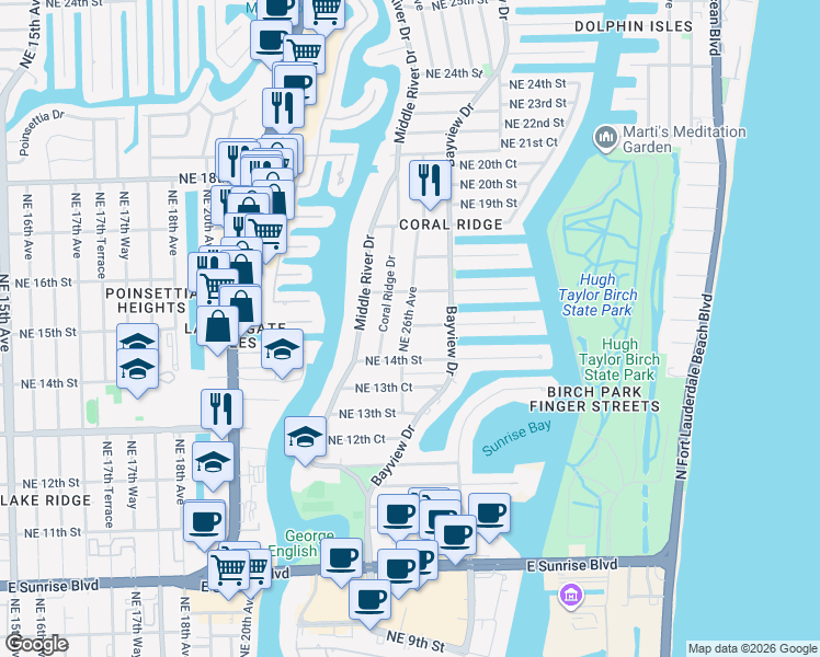 map of restaurants, bars, coffee shops, grocery stores, and more near 1501 Northeast 26th Avenue in Fort Lauderdale