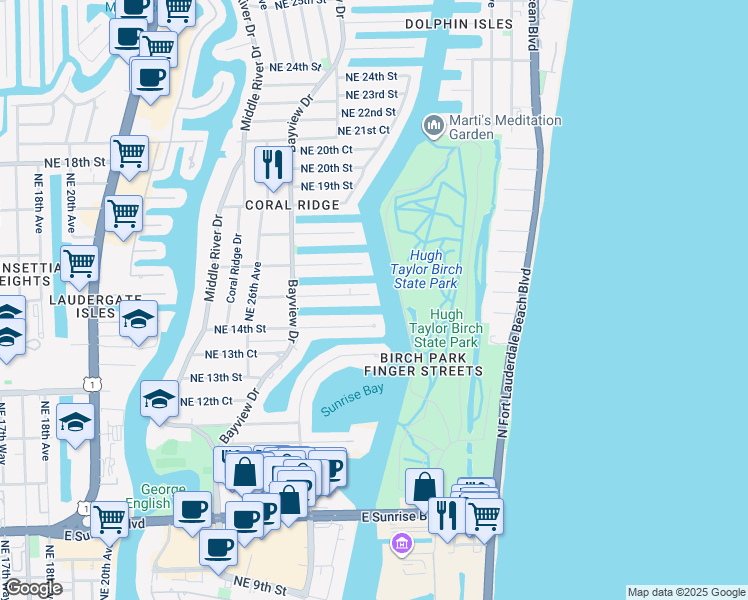 map of restaurants, bars, coffee shops, grocery stores, and more near 2806 Northeast 15th Street in Fort Lauderdale