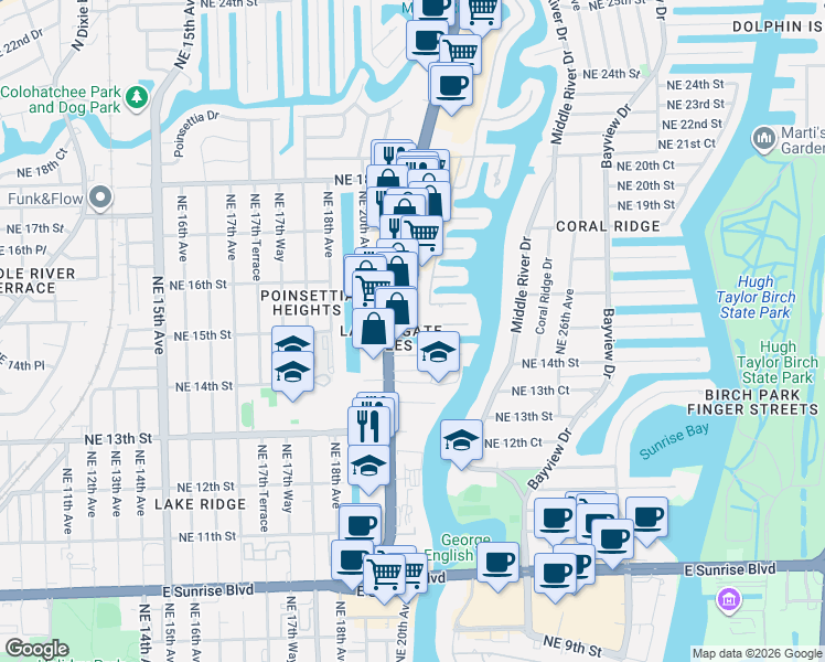map of restaurants, bars, coffee shops, grocery stores, and more near 1484 North Federal Highway in Fort Lauderdale