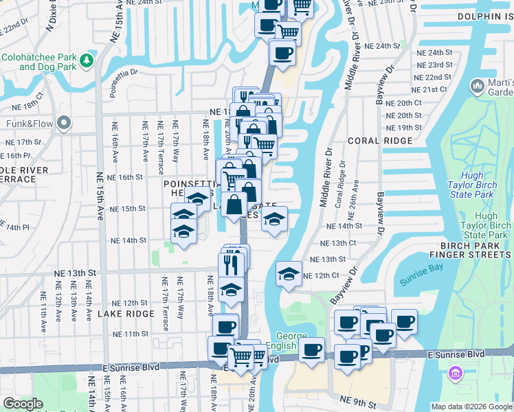 map of restaurants, bars, coffee shops, grocery stores, and more near 1484 North Federal Highway in Fort Lauderdale