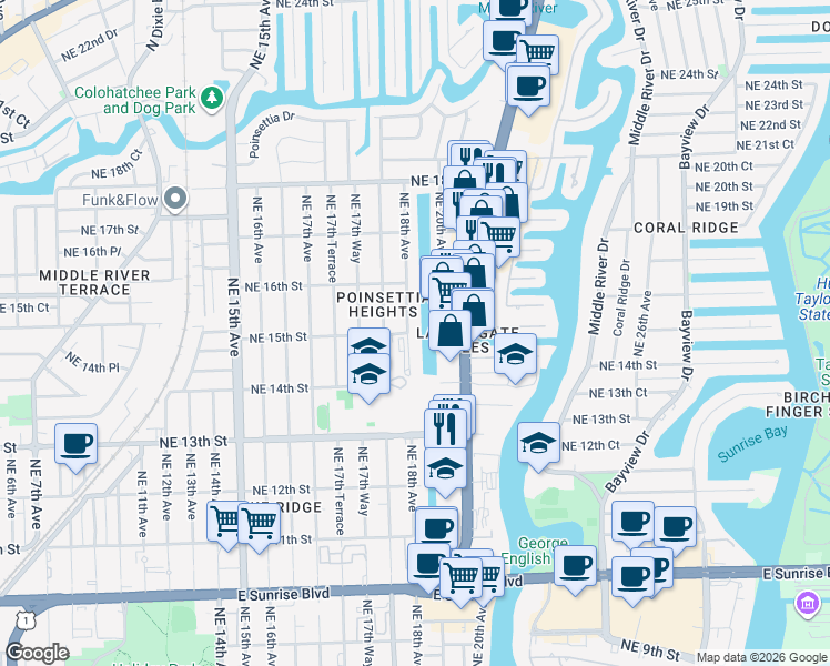 map of restaurants, bars, coffee shops, grocery stores, and more near 1791 Northeast 15th Street in Fort Lauderdale